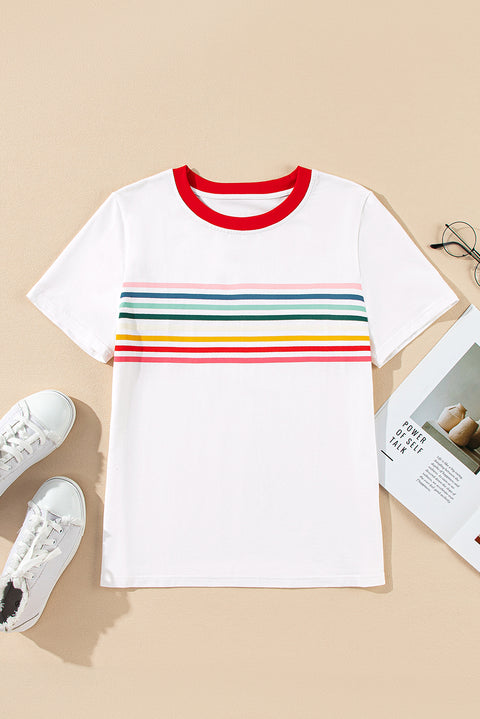 White Rainbow Stripe Print Contrast Crewneck T Shirt