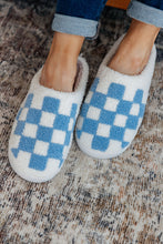 Light Blue Checkered Print Fuzzy Slip On Winter Slippers