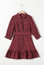 Red Dahlia Collared Buttons Front Ruffled Hem Shirt Corduroy Dress