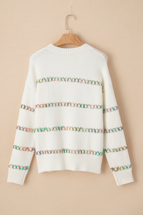 White Colorful Crossed Stitch Drop Shoulder Sweater