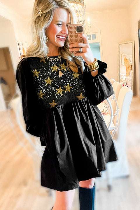 Black Sequined Stars Flounce Sleeve Ruffled Babydoll Dress