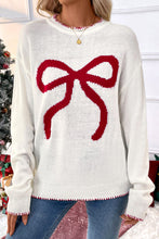 White Bow Pattern Contrast Trim Christmas Loose Graphic Sweater