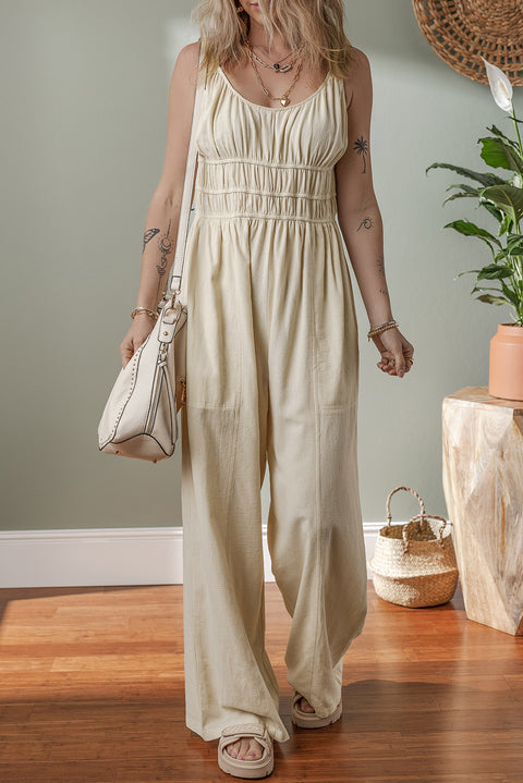 Beige Ruched High Waist Sleeveless Wide Leg Jumpsuit