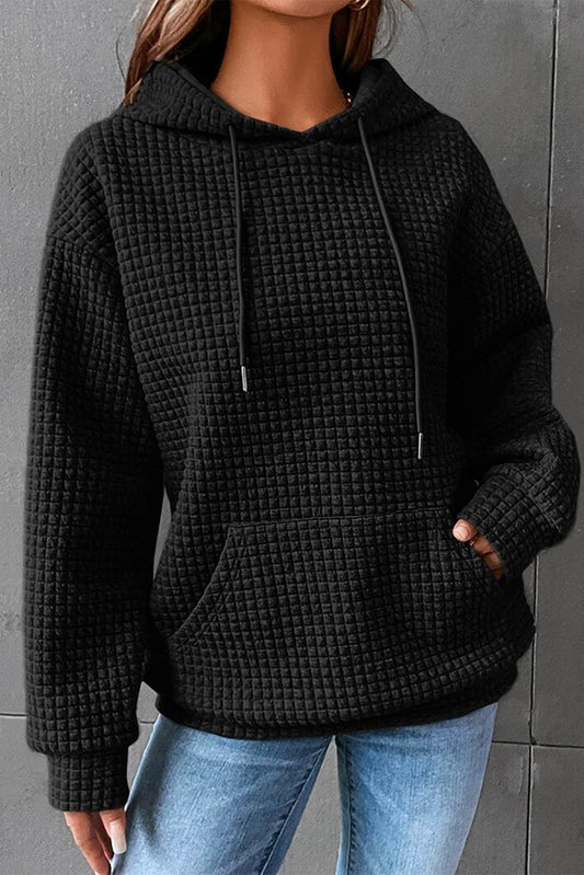 Black Lattice Textured Kangaroo Pocket Drawstring Hoodie