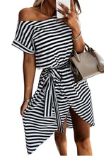 Stripe Short Sleeve Belted Wrapped Hemline T-Shirt Dress