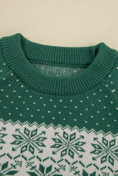 Green Christmas Snowflake Dotted Print Round Neck Sweater