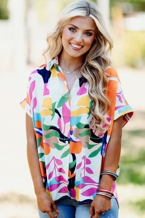 Multicolour Abstract Leafy Print Short Sleeve Shirt