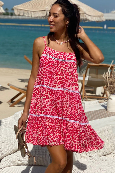 Rose Leopard Print Lace Trim Flared Sundress