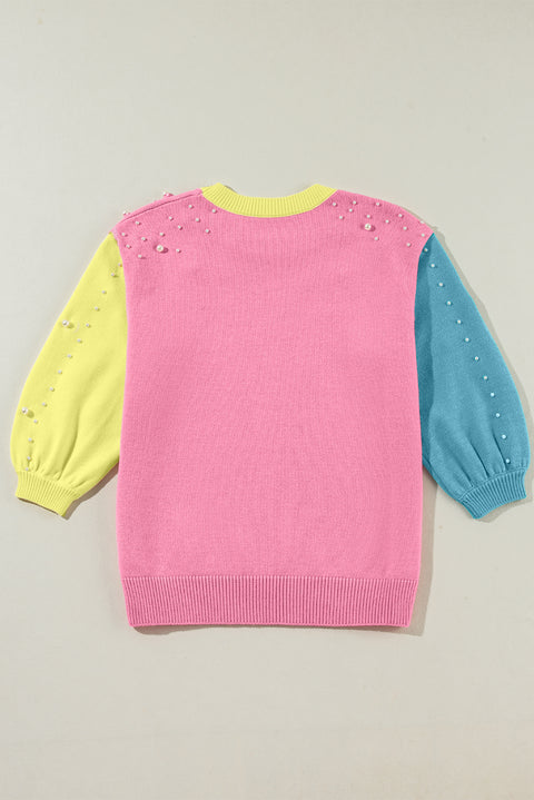 Rose Red Pearled Colorblock Crew Neck Half Sleeve Sweater