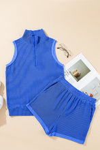 Sky Blue Corded Collared Half Zip Tank Top Two Piece Shorts Set