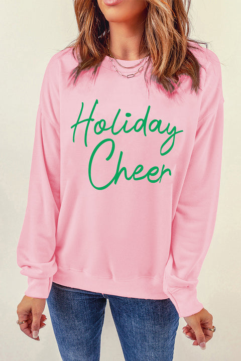 Pink Holiday Cheer Letter Graphic Christmas Slogan Sweatshirt