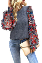 Blue Ruffle Tiered Floral Sleeve Crew Neck Blouse