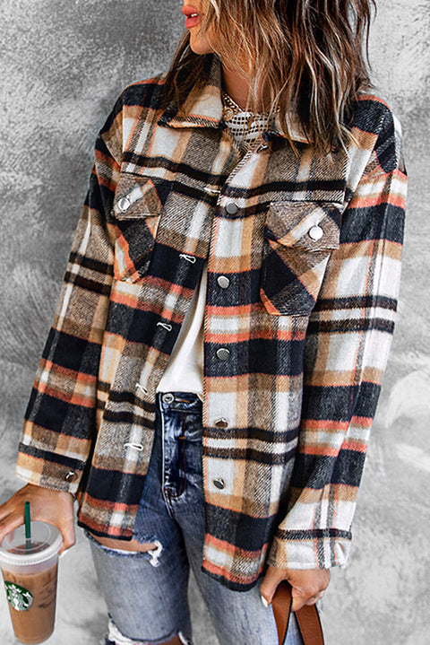 Geometric Plaid Print Pocketed Shacket