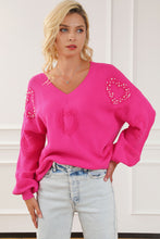 Rose Red Pearl Embellished Fuzzy Hearts V Neck Sweater