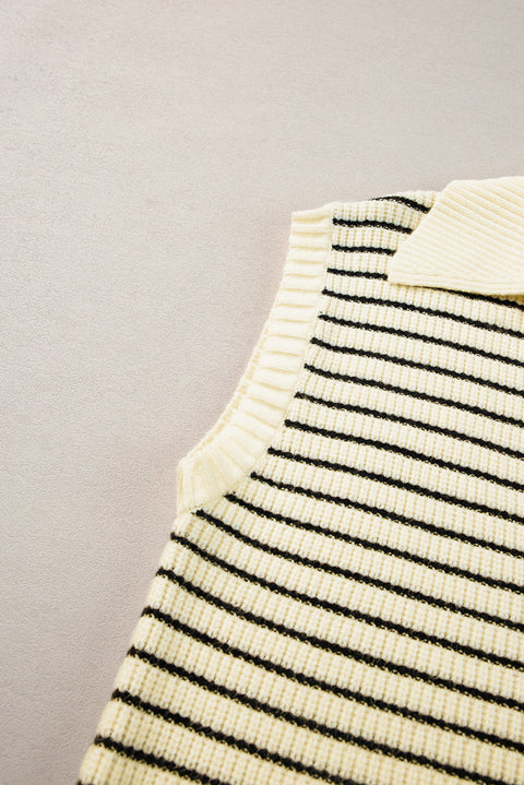 Beige Stripe Turn-down V Neck Sweater Tank Top