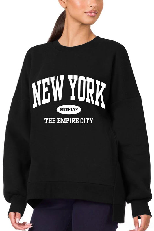 Black NEW YORK BROOKLYN Letter Graphic Drop Shoulder Sweatshirt