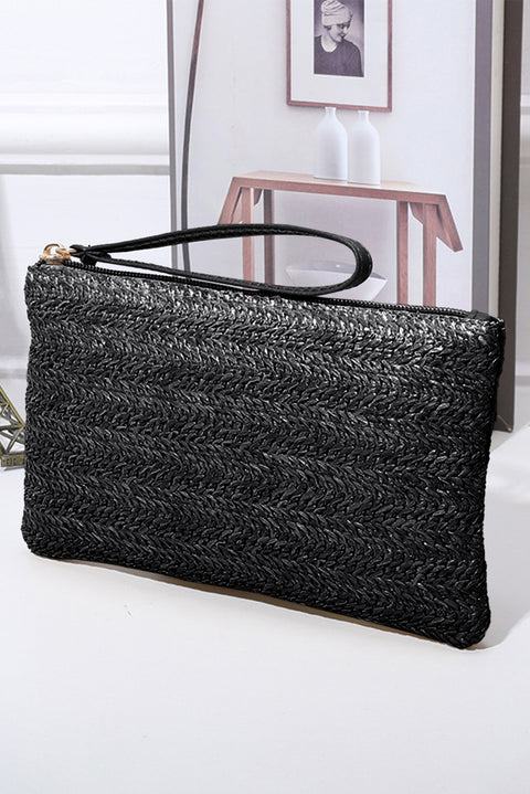 Black Straw Woven Wrist Strap Zipper Large Wallet