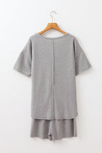 Gray Solid Color Waffle Knit T Shirt and Shorts Set