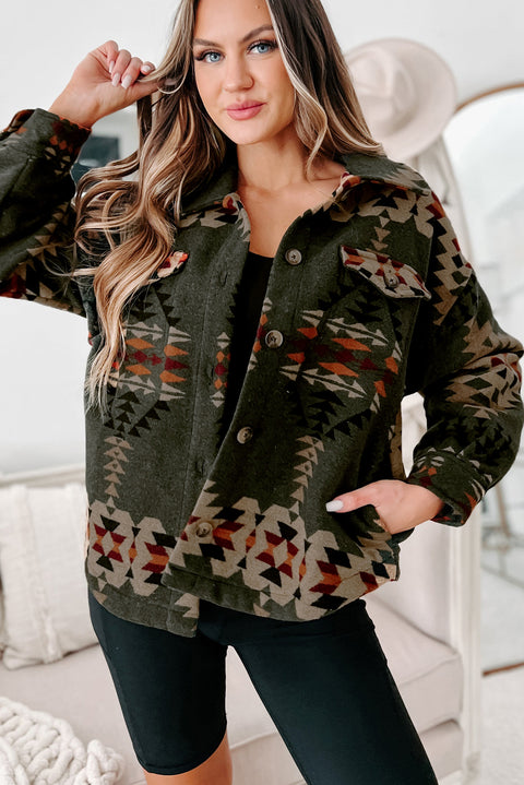 Green Aztec Print Flap Pockets Long Sleeve Shacket