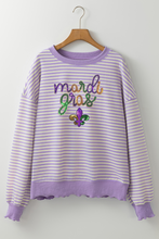 Purple Stripe mardi gras Sequin Patched Graphic Drop Shoulder Top