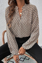 Khaki Geometric Print Notched Neck Puff Sleeve Blouse