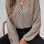 Khaki Geometric Print Notched Neck Puff Sleeve Blouse