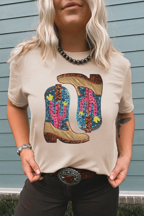 Khaki Sequined Western Boots Crew Neck Graphic Tee