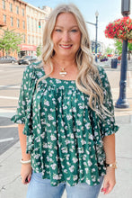 Green Floral Print Square Neck Ruffled Trim Plus Size Blouse