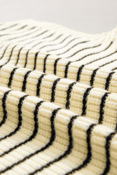 Beige Stripe Turn-down V Neck Sweater Tank Top