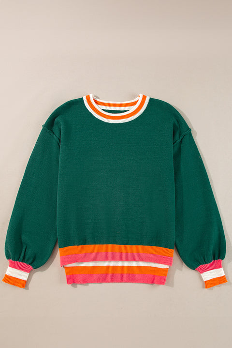 Blackish Green Colorblock Striped Trim Drop Shoulder Sweater