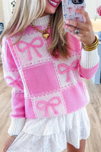 Pink Bow Knot Two Tone Checkered Crew Neck Sweater