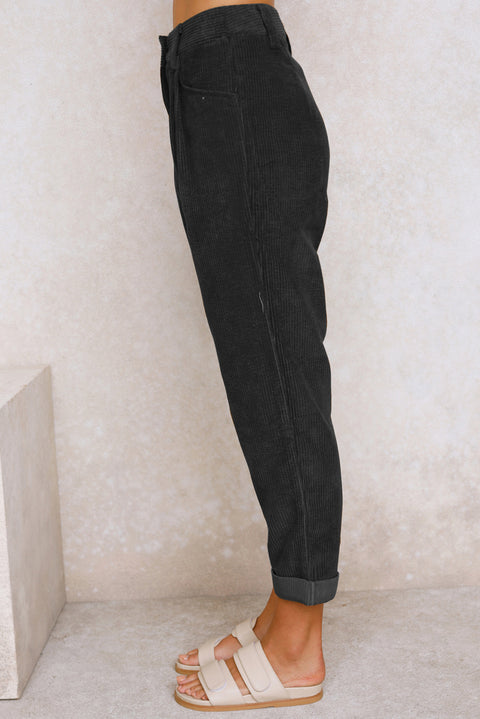 Black Corduroy High Waist Straight Leg Pants