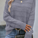 Light Grey Boat Neck Drop Shoulder Pointelle Knit Sweater