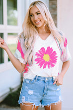 White Daisy Printed Striped Colorblock Sleeve V Neck T Shirt