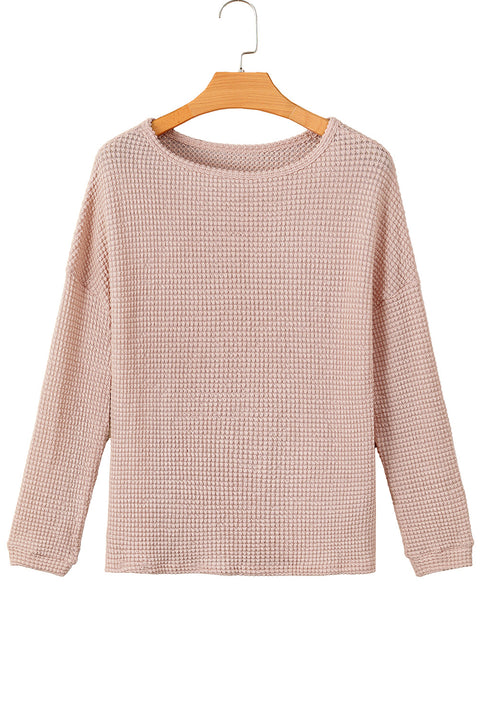 Light Pink Waffle Knit Drop Shoulder Long Sleeve Top