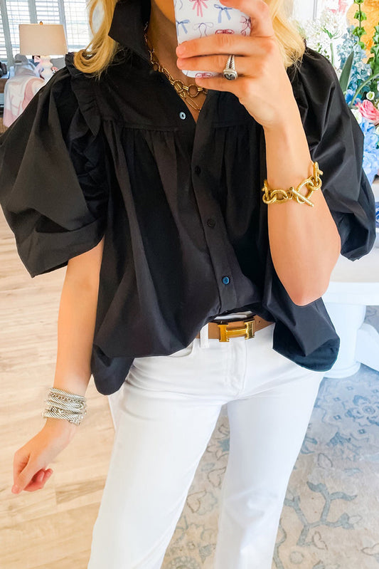 Black Crisp Puff Sleeve Loose Shirt