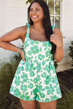 Green Flower Print Knotted Straps Square Neck Romper