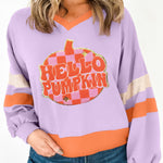 Orchid Bouquet HELLO PUMPKIN Chenille Patch Graphic V Neck Sweatshirt