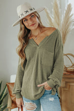 Waffle Knit Split Neck Pocketed Loose Top