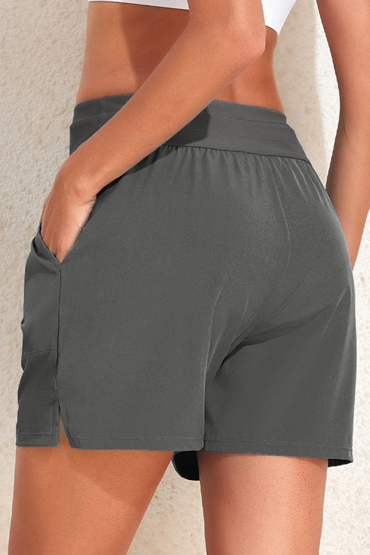 Gray Solid Pocketed Drawstring High Waist Swim Bottom