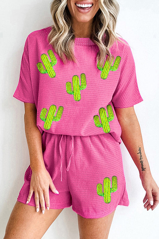 Rose Red Western Cactus Patched Textured Two Piece Shorts Set