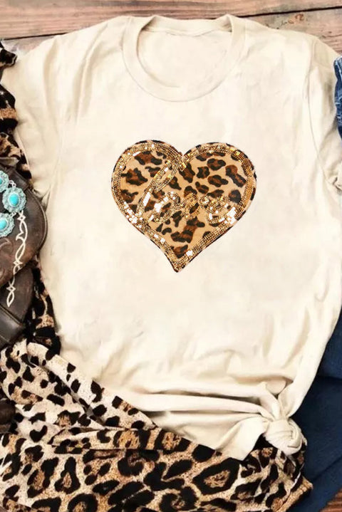 Khaki Sequined Leopard Love Heart Print Crew Neck T Shirt