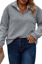 Light Grey Quarter Zipper Collared Ribbed Knit Plus Size Top