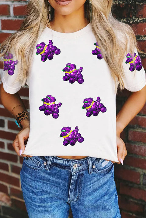 White Sequin Balloon Puppy Graphic Mardi Gras Tee