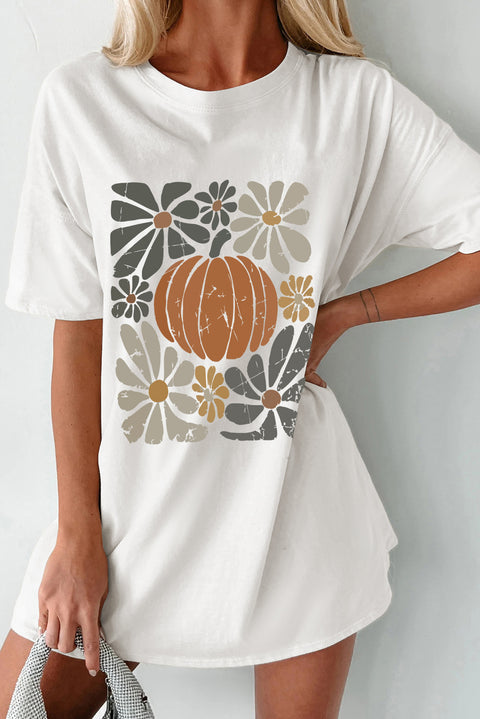 White Thanksgiving Pumpkin Print Loose Crewneck Tunic T Shirt