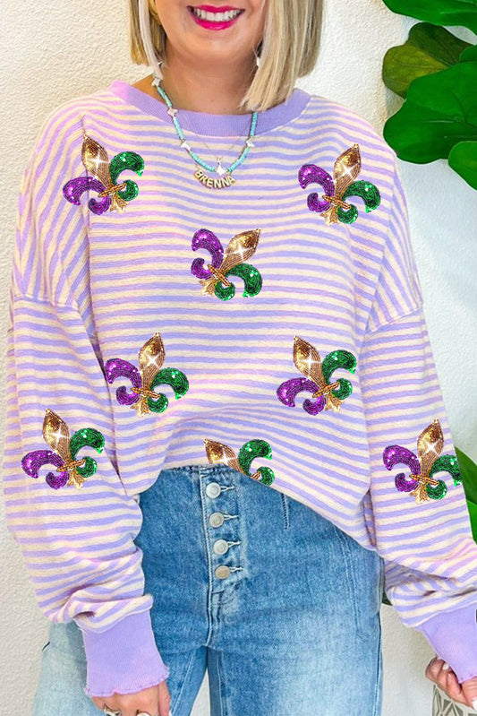 Purple Stripe Sequin Fleur de Lis Patched Pattern Long Sleeve Top