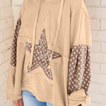 Apricot Floral Patchwork Star Pattern Drawstring Hoodie