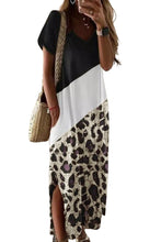 Leopard Color Block Side Slit T Shirt Maxi Dress