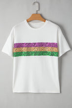 White Sequin Stripes Patchwork Mardi Gras Crew Neck T Shirt