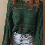 Blackish Green Hollow-out Cable Knit Cropped Sweater